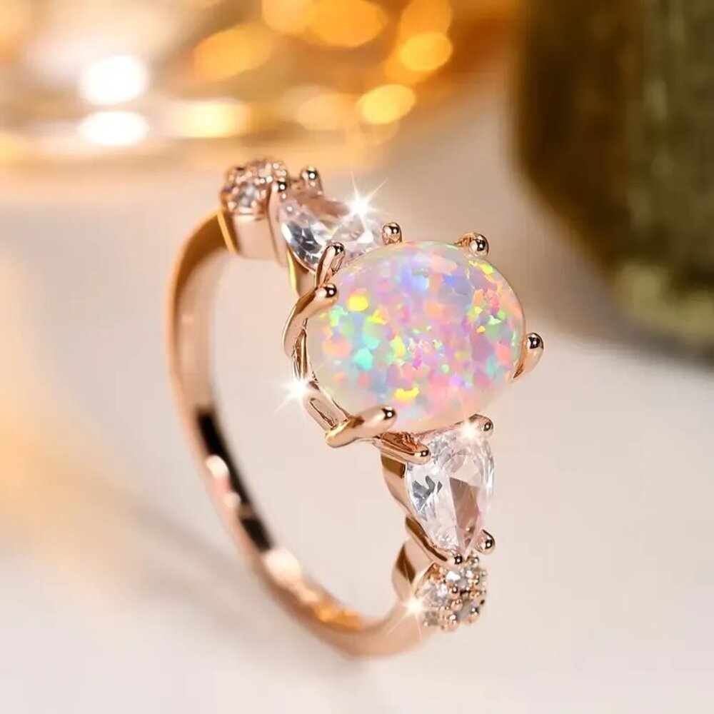 White Oval Shaped Opal Rings Ethiopian Fire Opal Engagement Ring 14K Gold plated